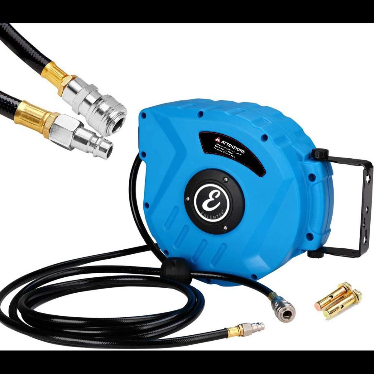 Avvolgitubo Aria Compressa Tubo Professionale Attacco 1/4" Fissaggio Parete Muro Sistema Blocco Automatico Riavvolgitore Pressione 24 Bar 10 + 1 Mt