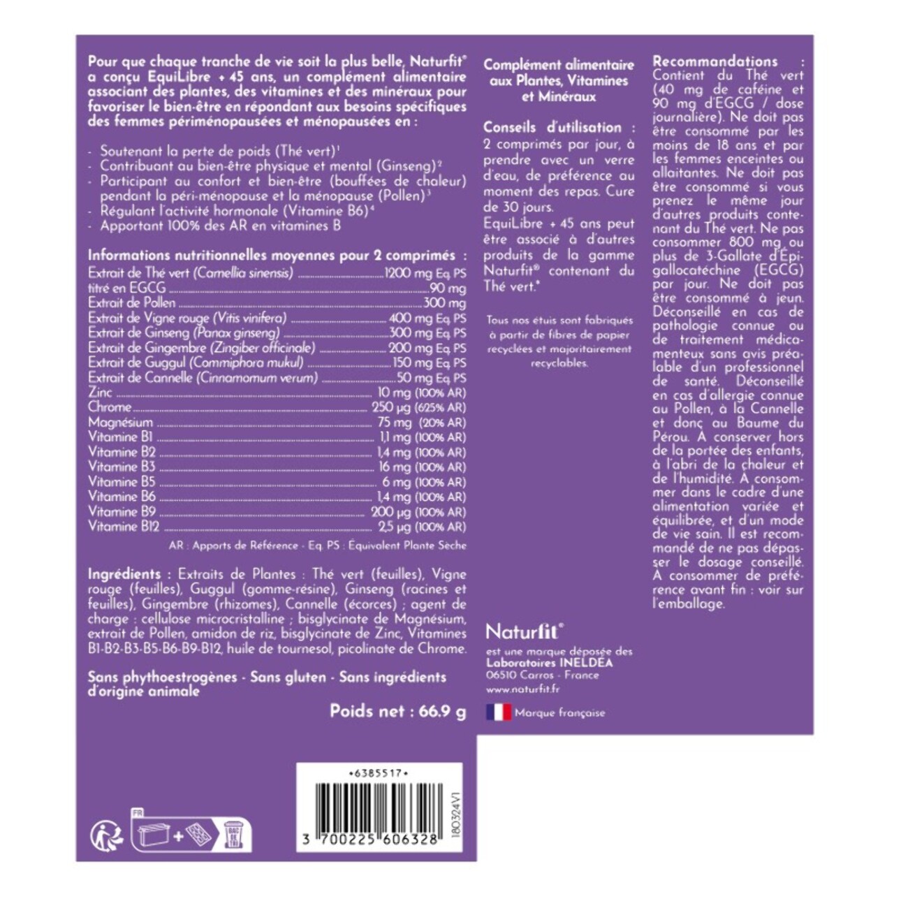 NATURFIT EquiLibre +45 ans - Soutient l'équilibre hormonal & atténue les bouffées de chaleur - Favorise la perte de poids - Thé vert, Ginseng, Magnésium, Chrome, Gingembre - San gluten - Cure 30 jours