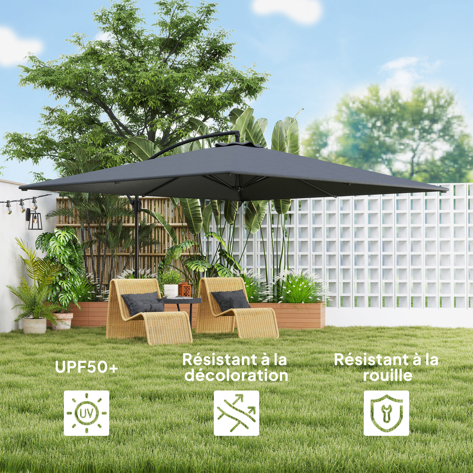 Parasol déporté rectangulaire XXL – Inclinable et rotatif 360°