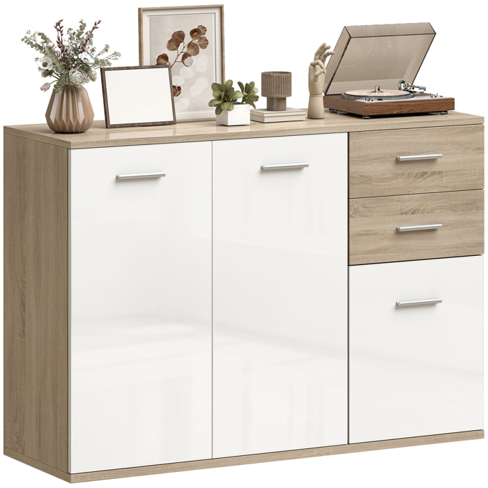 Buffet 2 tiroirs coulissants 2 placards étagère réglable panneaux blanc laqué effet bois naturel