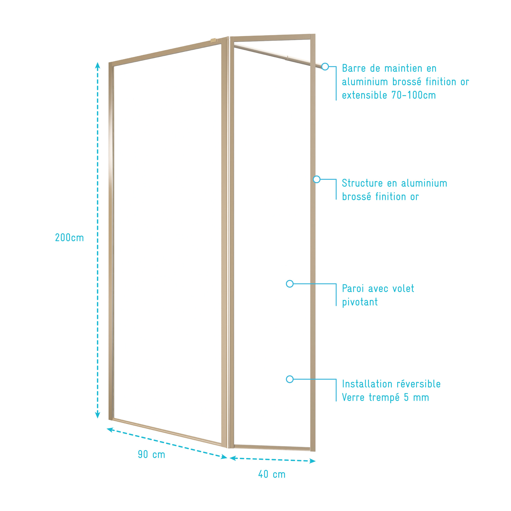 Paroi de Douche avec Volet Pivotant 90+40x200 cm - Finition Or Doré Brossé - GOLDY CONTOURING