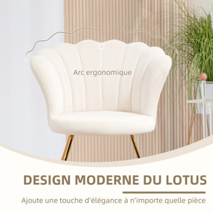 Fauteuil design coquillage piètement acier doré velours crème