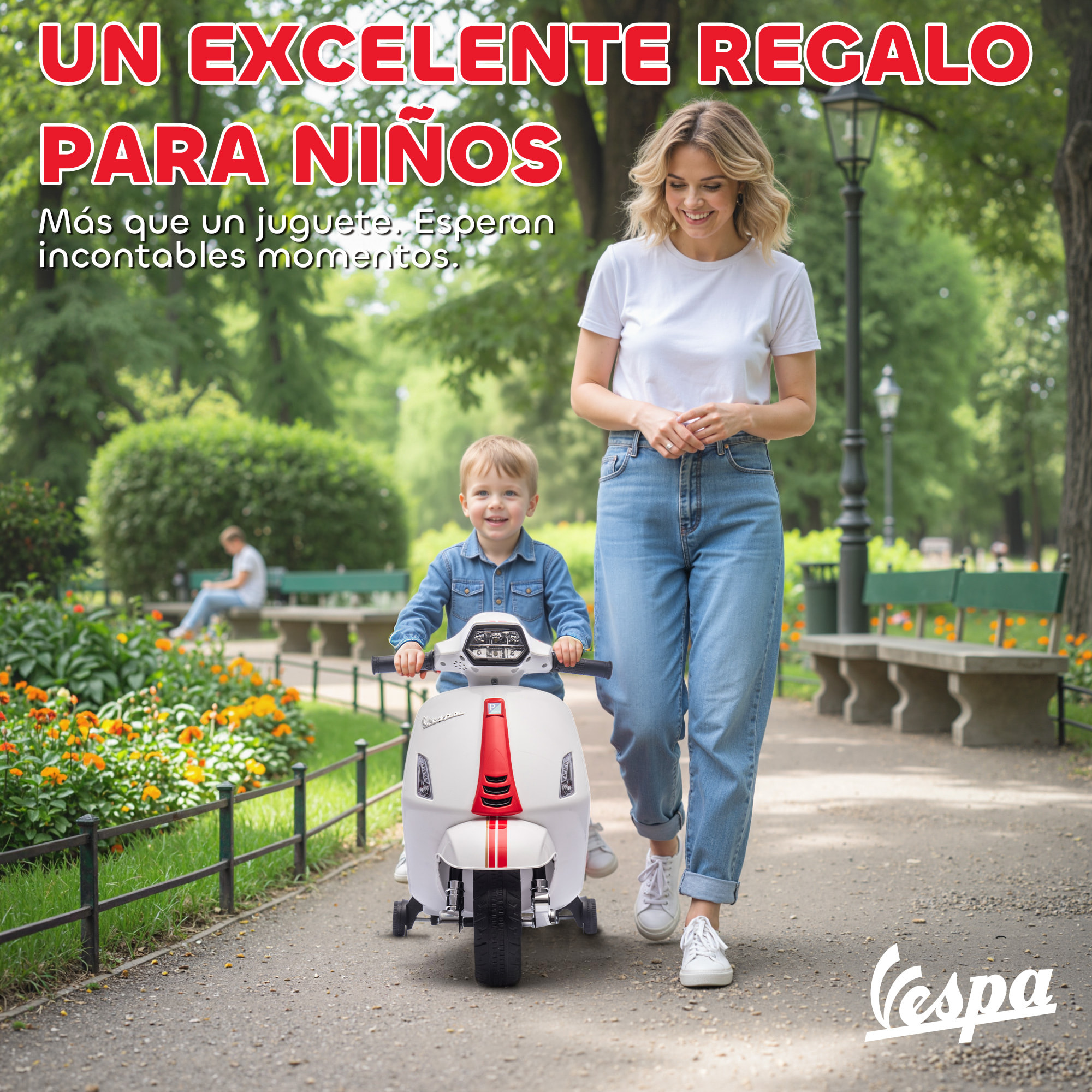 Moto Eléctrica para Niños 6V con Licencia Vespa, Moto Eléctrica Infantil con Ruedas Auxiliares de 6,9'', Velocidad de 2,5km/h, Faro y Bocina, para Niños de 2-6 Años, Blanco