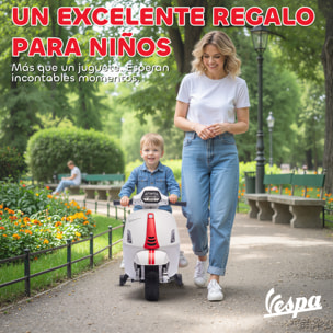 Moto Eléctrica para Niños 6V con Licencia Vespa, Moto Eléctrica Infantil con Ruedas Auxiliares de 6,9'', Velocidad de 2,5km/h, Faro y Bocina, para Niños de 2-6 Años, Blanco