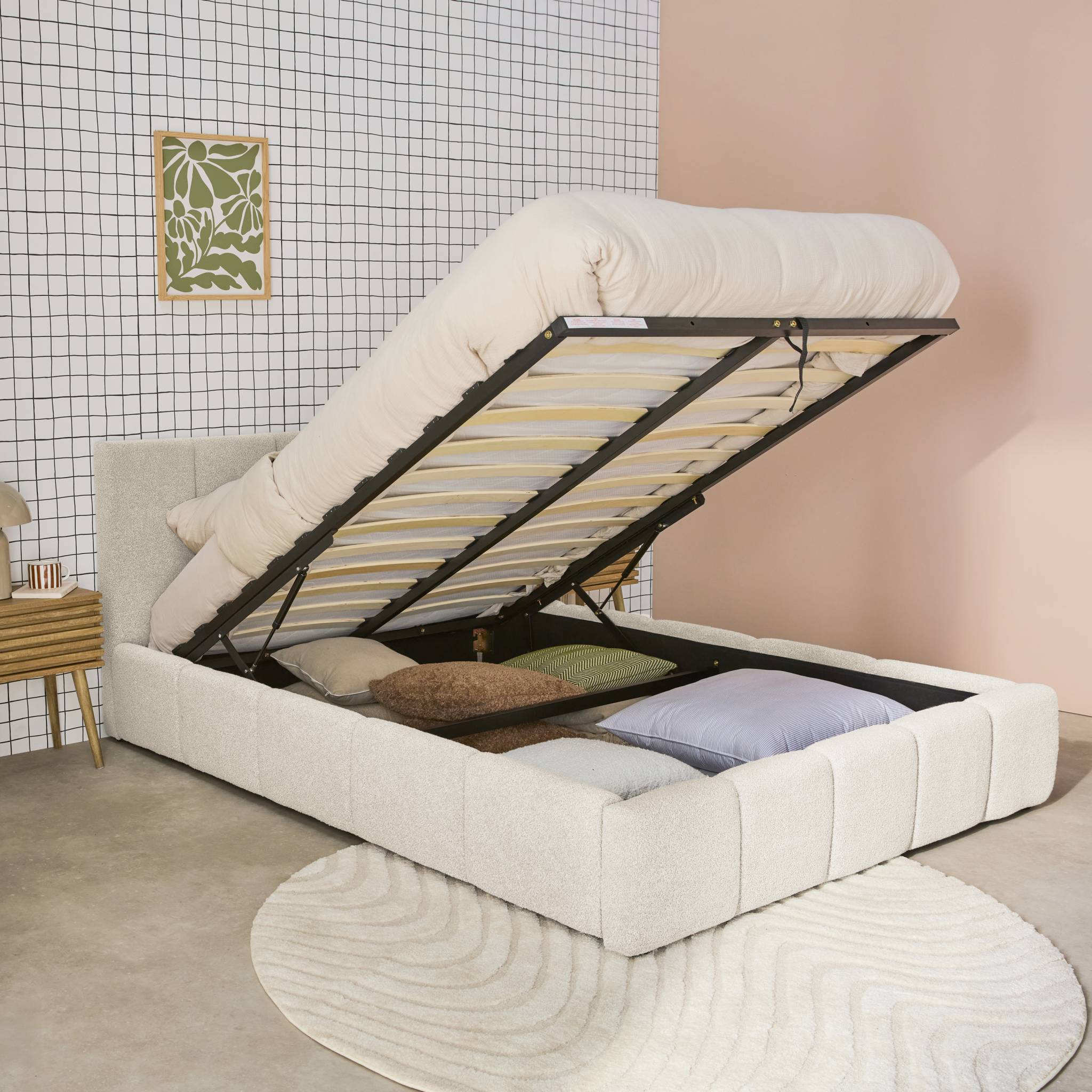 Lit coffre double avec sommier à lattes et tête de lit blanc finition bouclette texturée 140x190cm- Lex