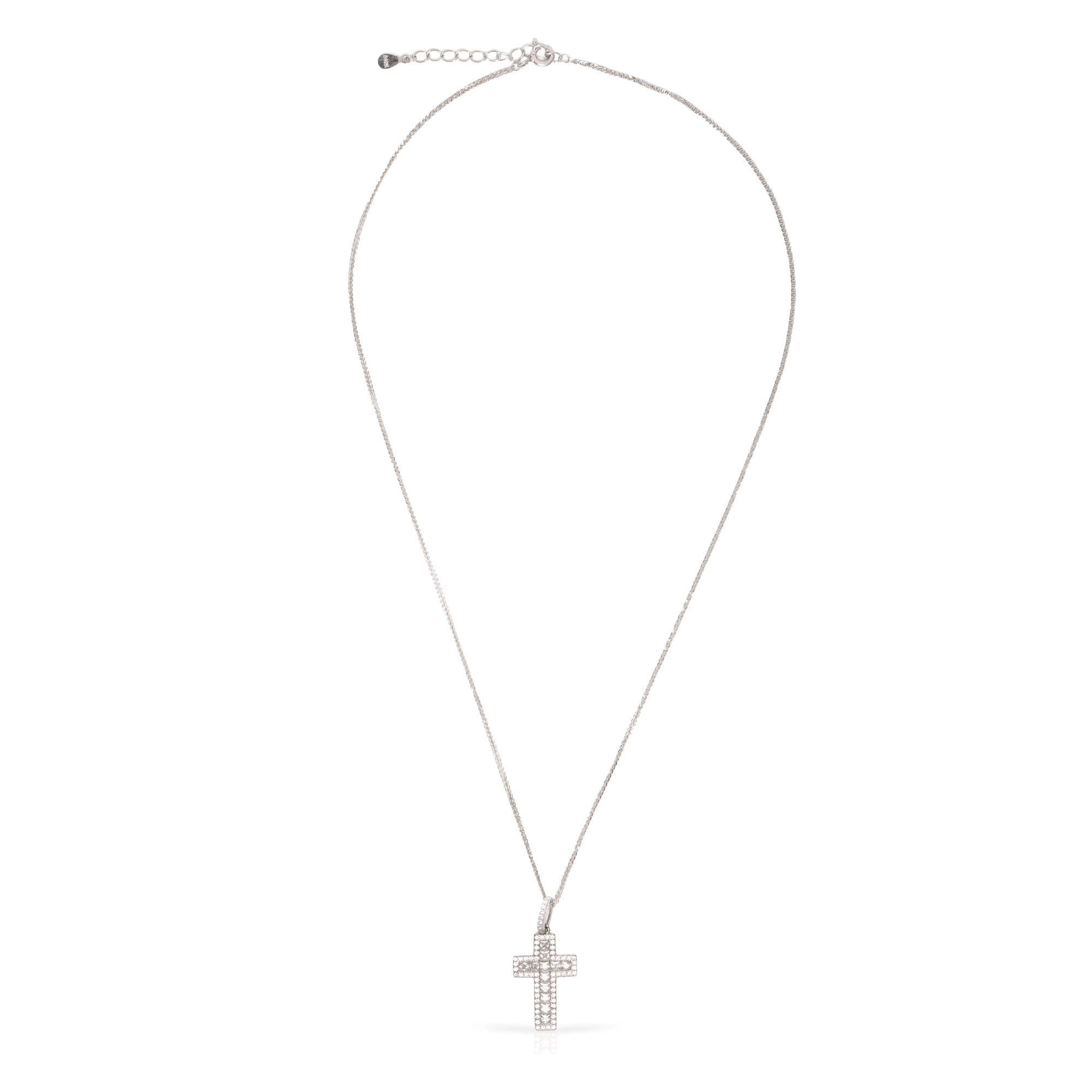 Collar de plata de ley 925 con colgante de cruz de plata adornada con circón brillante y cierre de resorte.