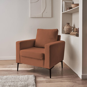 Fauteuil en velours côtelé terracotta - Bjorn - Canapé 1 place fixe droit pieds métal