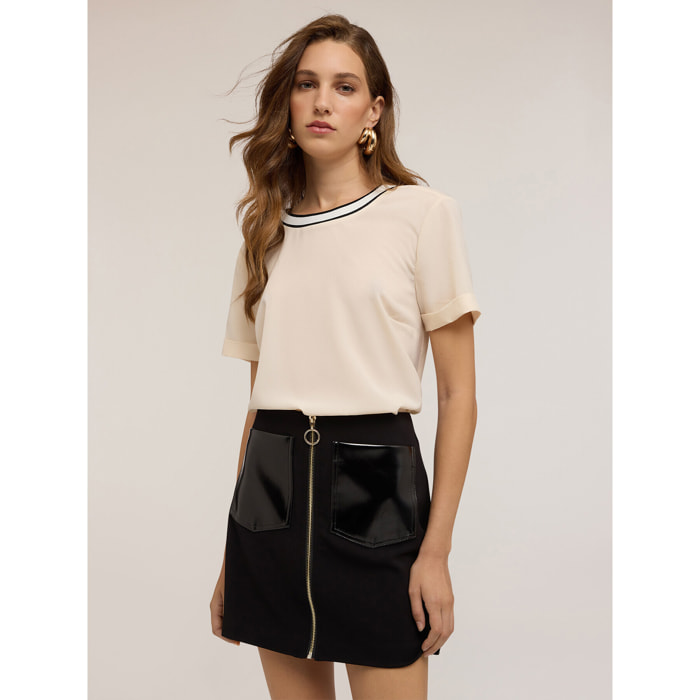 Motivi - Blusa con bordo in maglia - Bianco