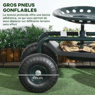 2 en 1 tabouret pivotant réglable chariot mobile de jardin charge max. 150 Kg rangement acier vert