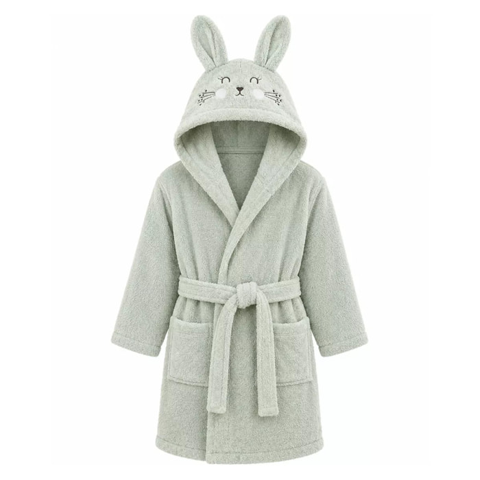 Peignoir enfant enfant pur coton 420 g/m² brodé vert Petit lapin vert d'eau