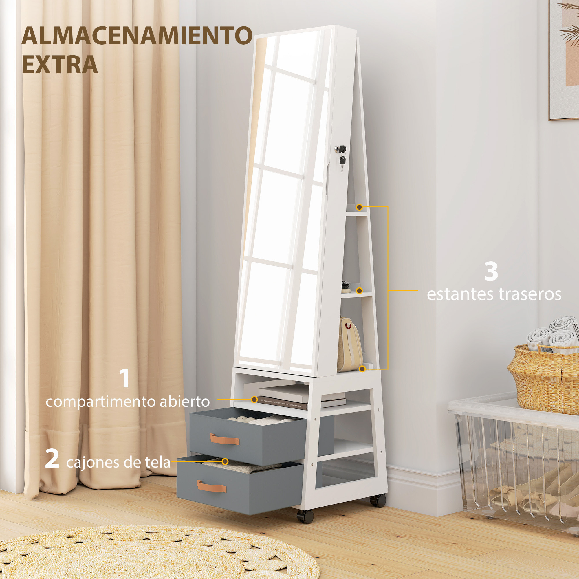 Espejo Joyero con Luces LED Interior, Armario para Joyas con Ruedas, Armario Joyero con Espejo Entero, Giratorio de 360°, Estantes Abiertos, Cajones de Tela, Blanco