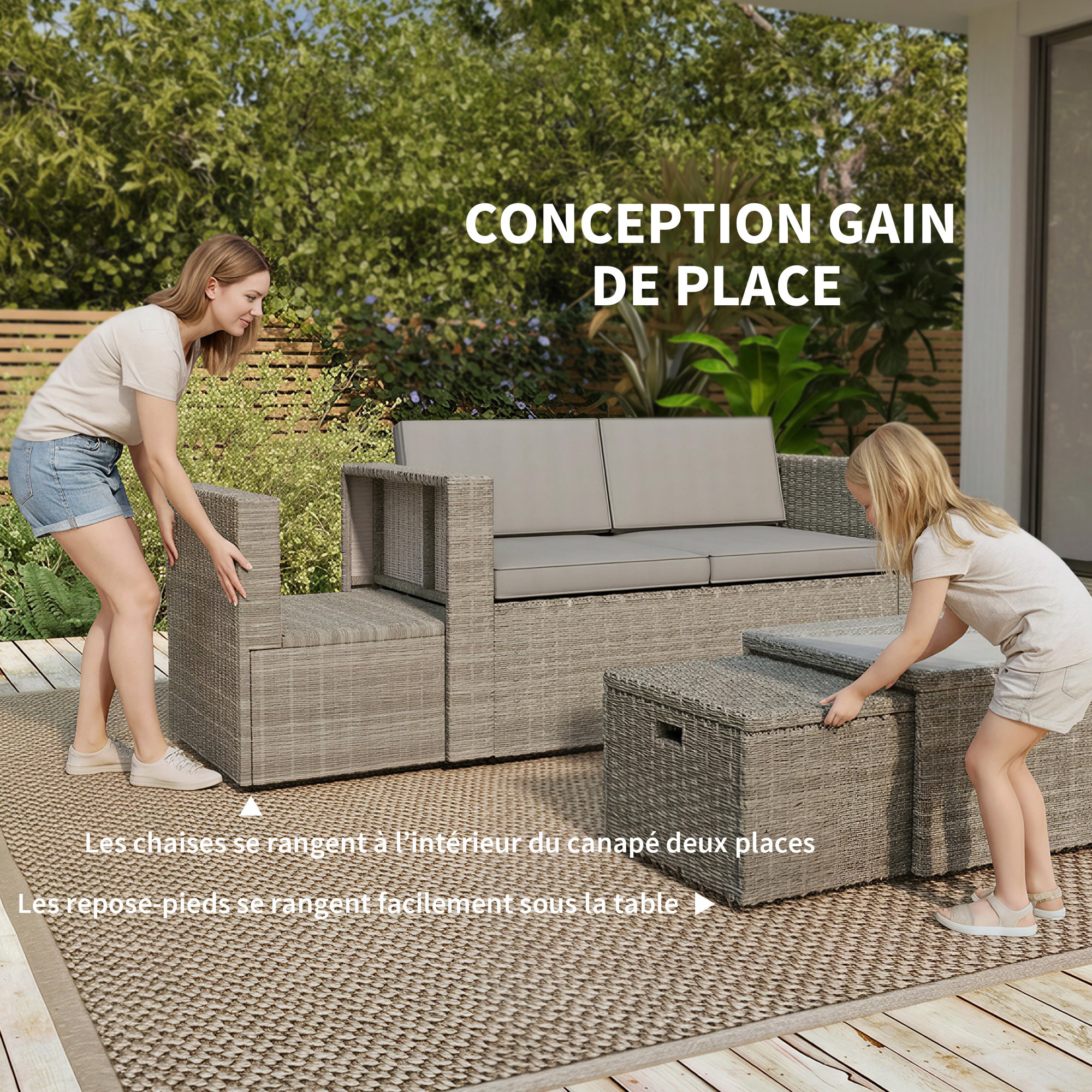 Salon de Jardin 6 personnes 6 pièces encastrable résine coussins déhoussables gris