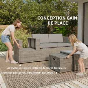 Salon de Jardin 6 personnes 6 pièces encastrable résine coussins déhoussables gris