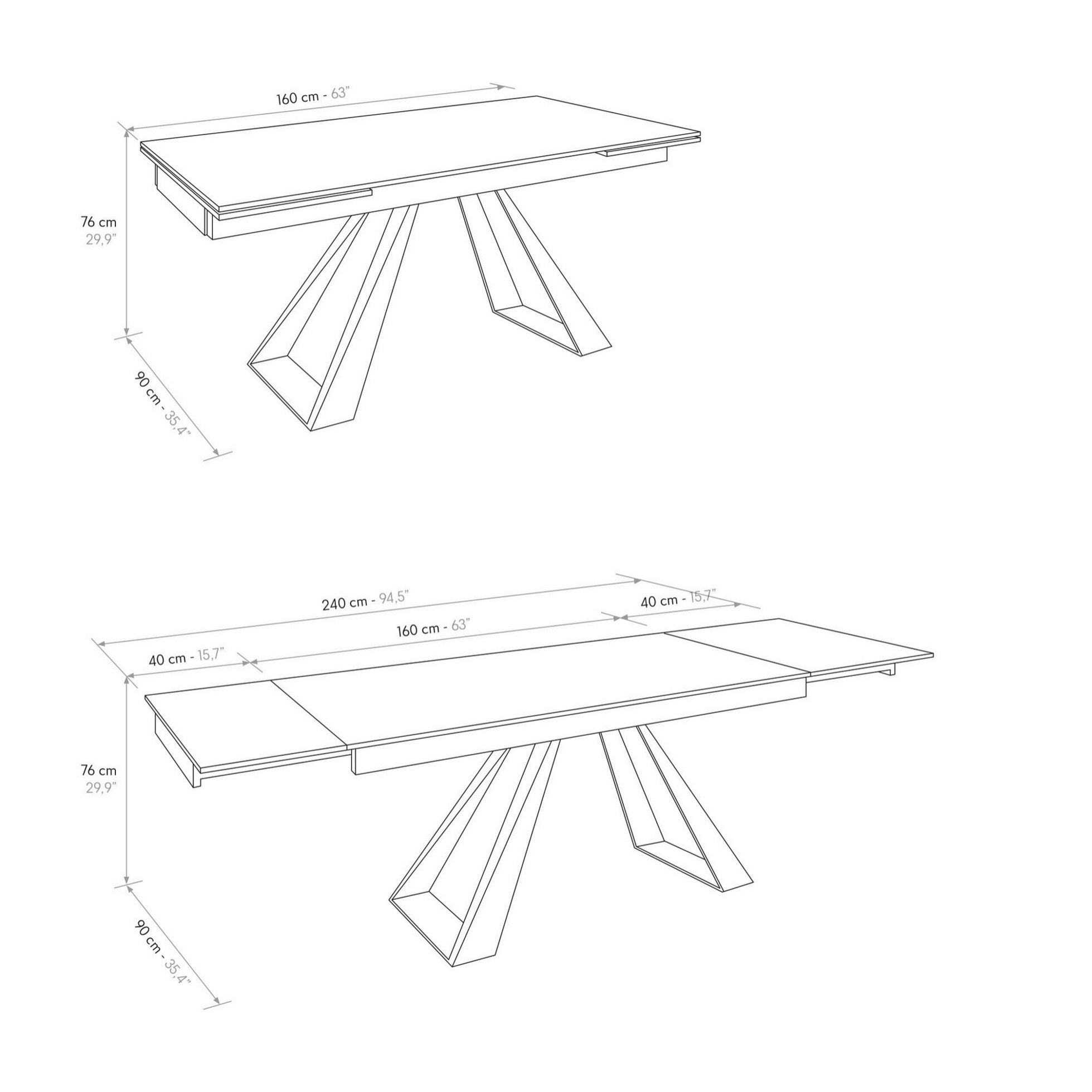 Tavolo AJACCIO in vetroceramica effetto marmo nero con gambe a piramide in metallo antracite, allungabile 160x90 cm - 240x90 cm