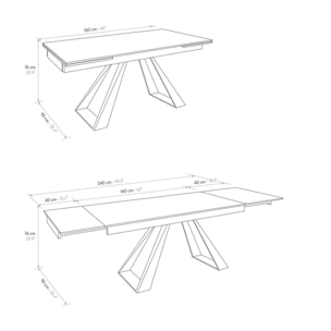 Tavolo AJACCIO in vetroceramica effetto marmo nero con gambe a piramide in metallo antracite, allungabile 160x90 cm - 240x90 cm