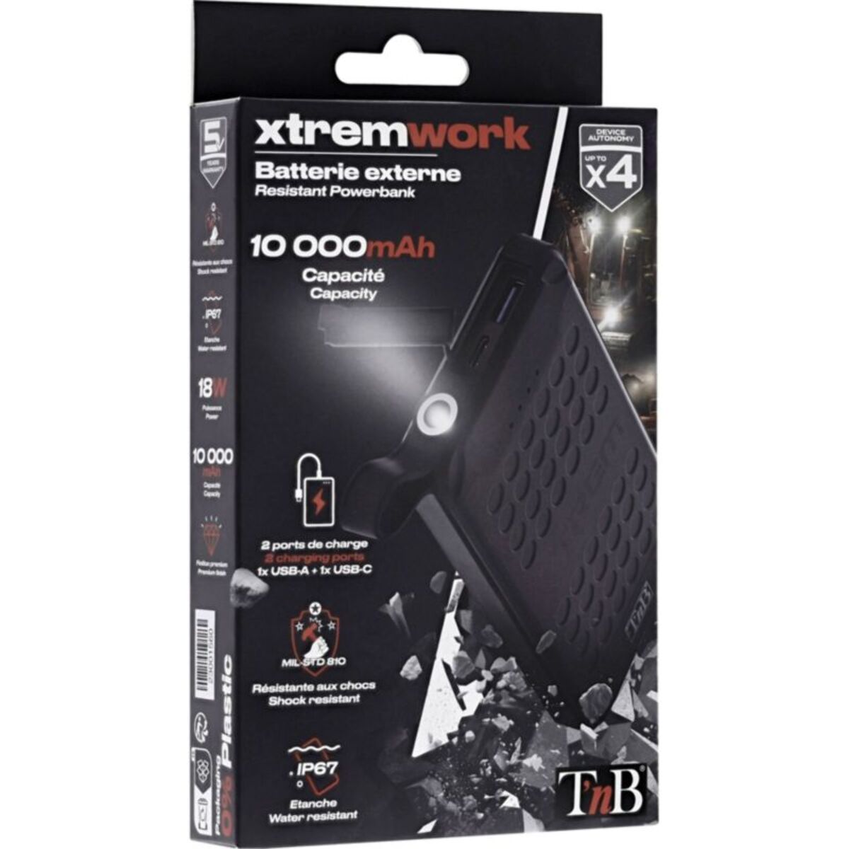 Batterie externe TNB 10000mAh résistante noir