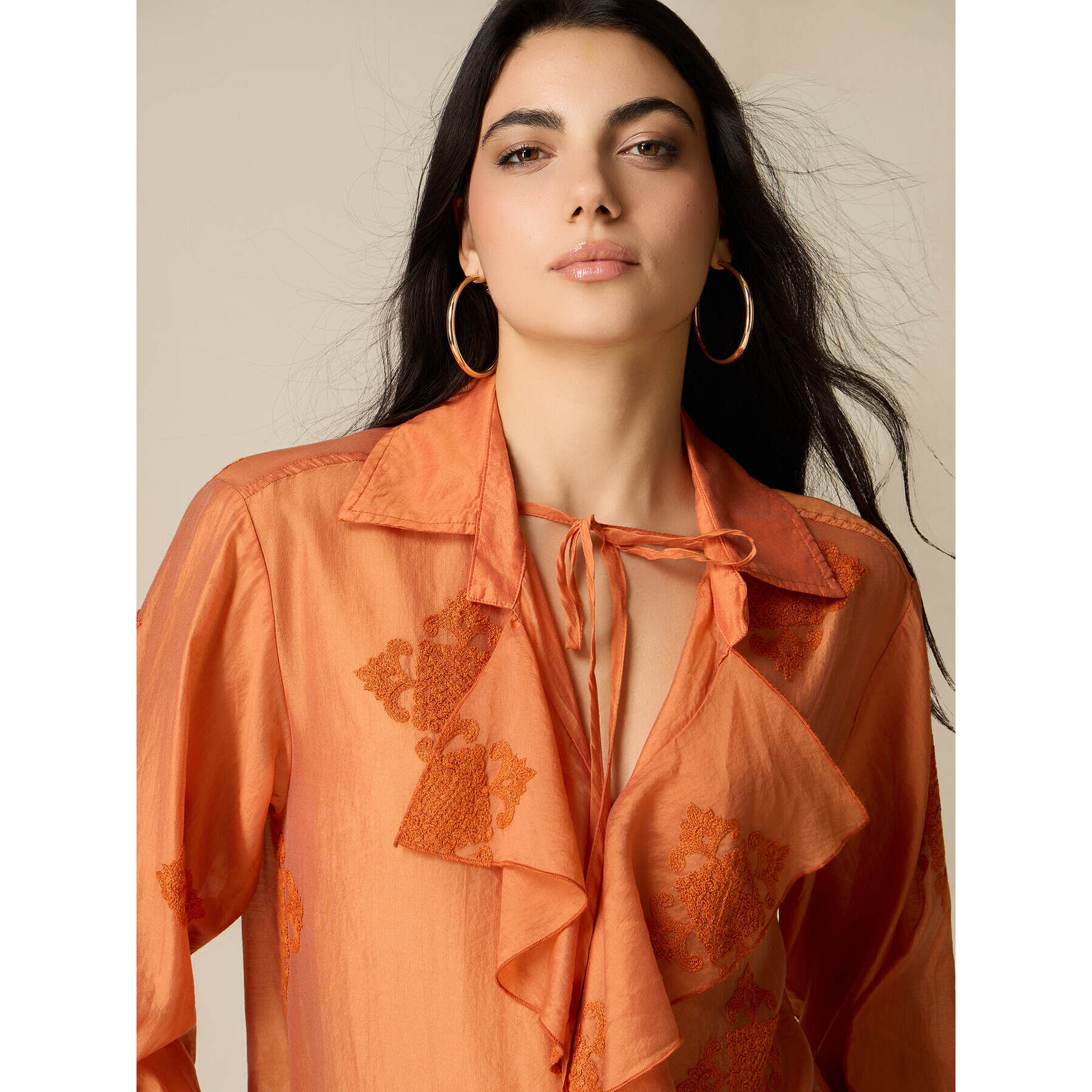 Oltre - Blusa mezcla lyocell con bordados - Naranja sol