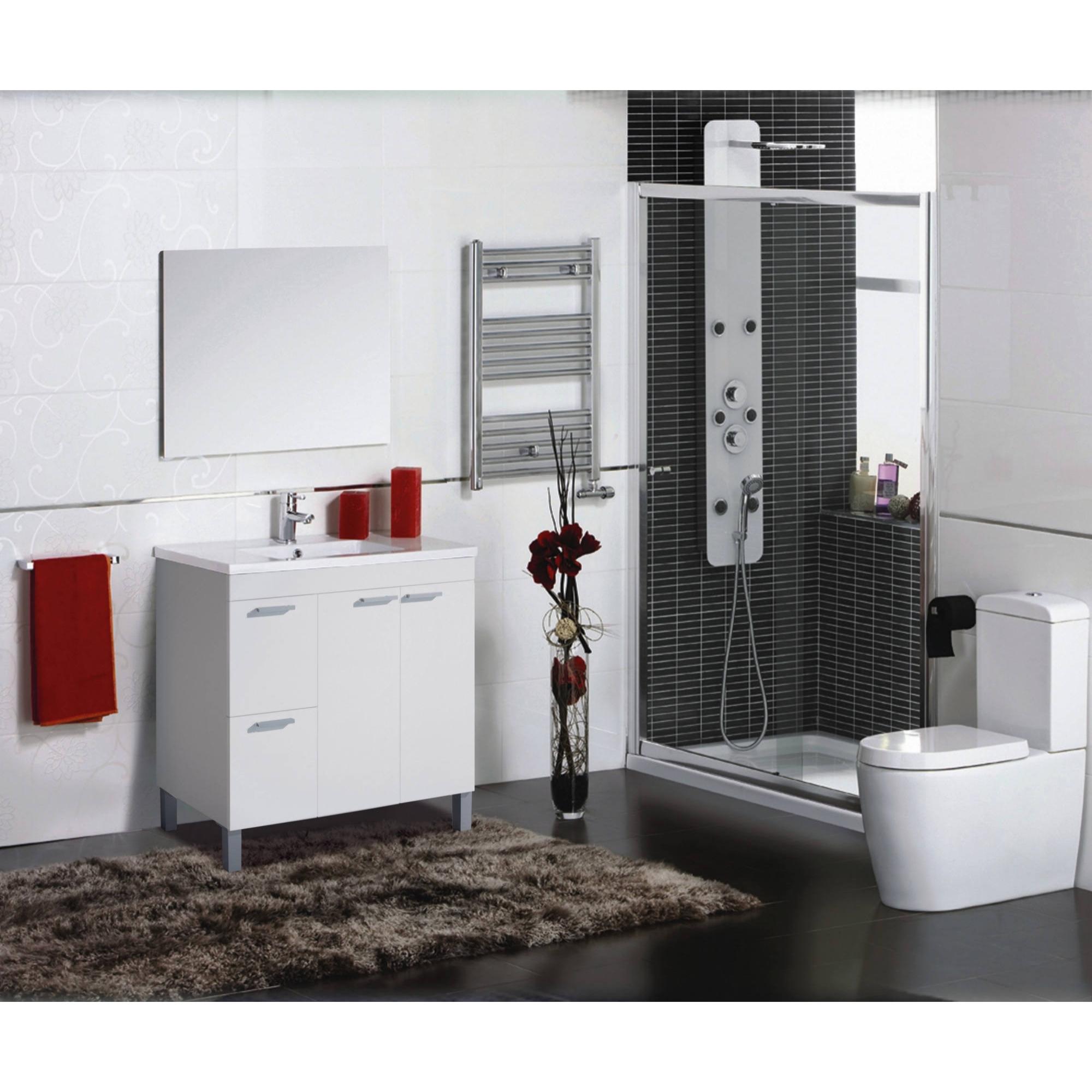 Mobile sottolavabo Lakewood, Mobiletto per bagno, Armadio a 2 ante e due cassetti con specchio, lavabo non incluso, cm 80x45h80, Bianco lucido