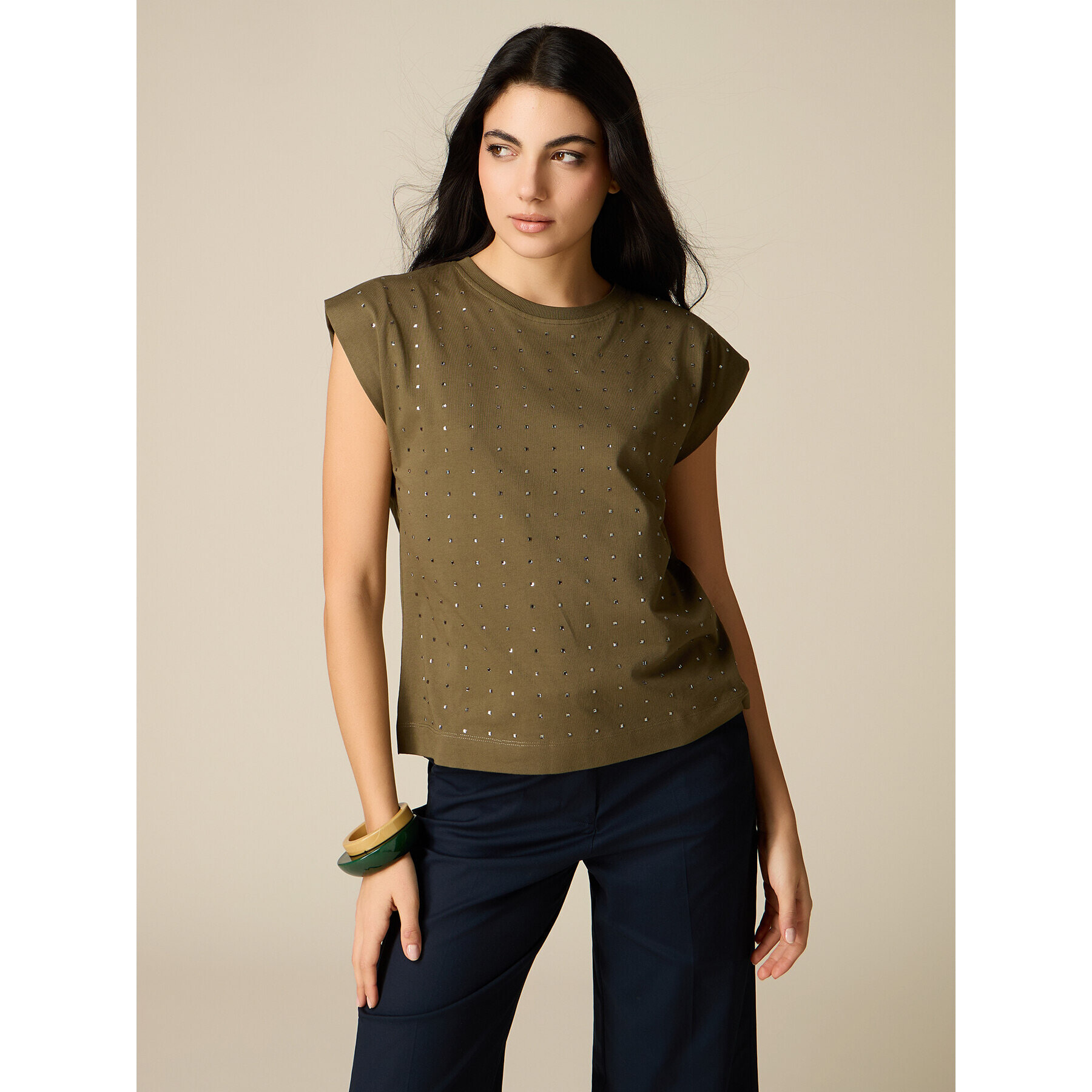 Oltre - T-shirt in cotone con cristalli - Verde militare