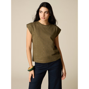 Oltre - T-shirt in cotone con cristalli - Verde militare