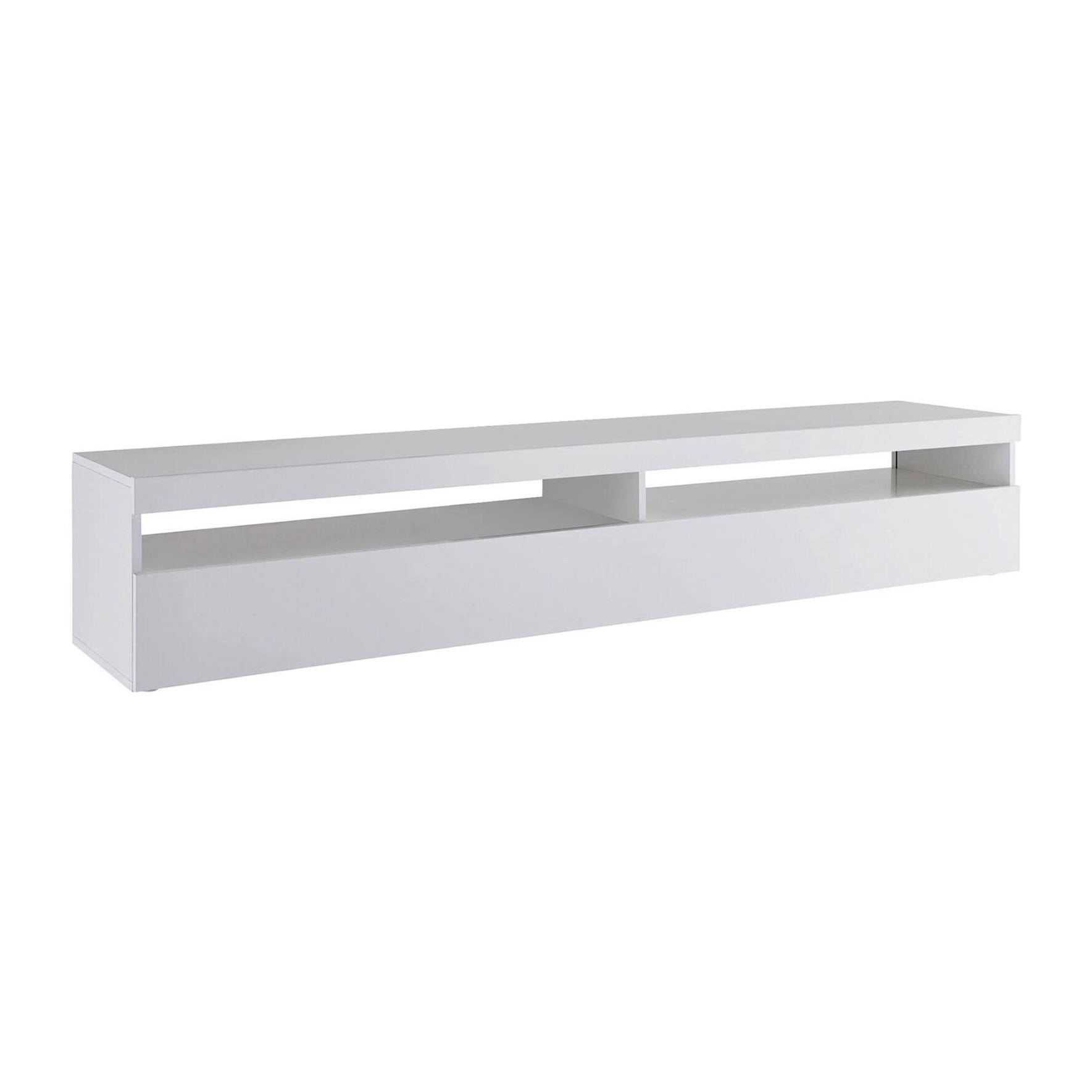 Mobile da soggiorno Porta TV, Made in Italy, Supporto per TV a 1 anta a ribalta e ripiani, cm 200x45h36, colore Bianco lucido, con luce LED bianca