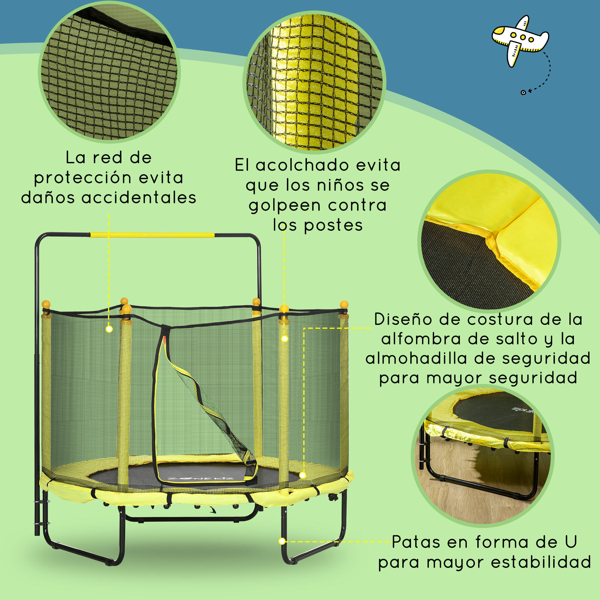 Cama Elástica Infantil Ø110 cm Trampolín para Niños con Red de Seguridad y 3 Patas de Acero en Forma de U Carga 50 kg para Interior Amarillo