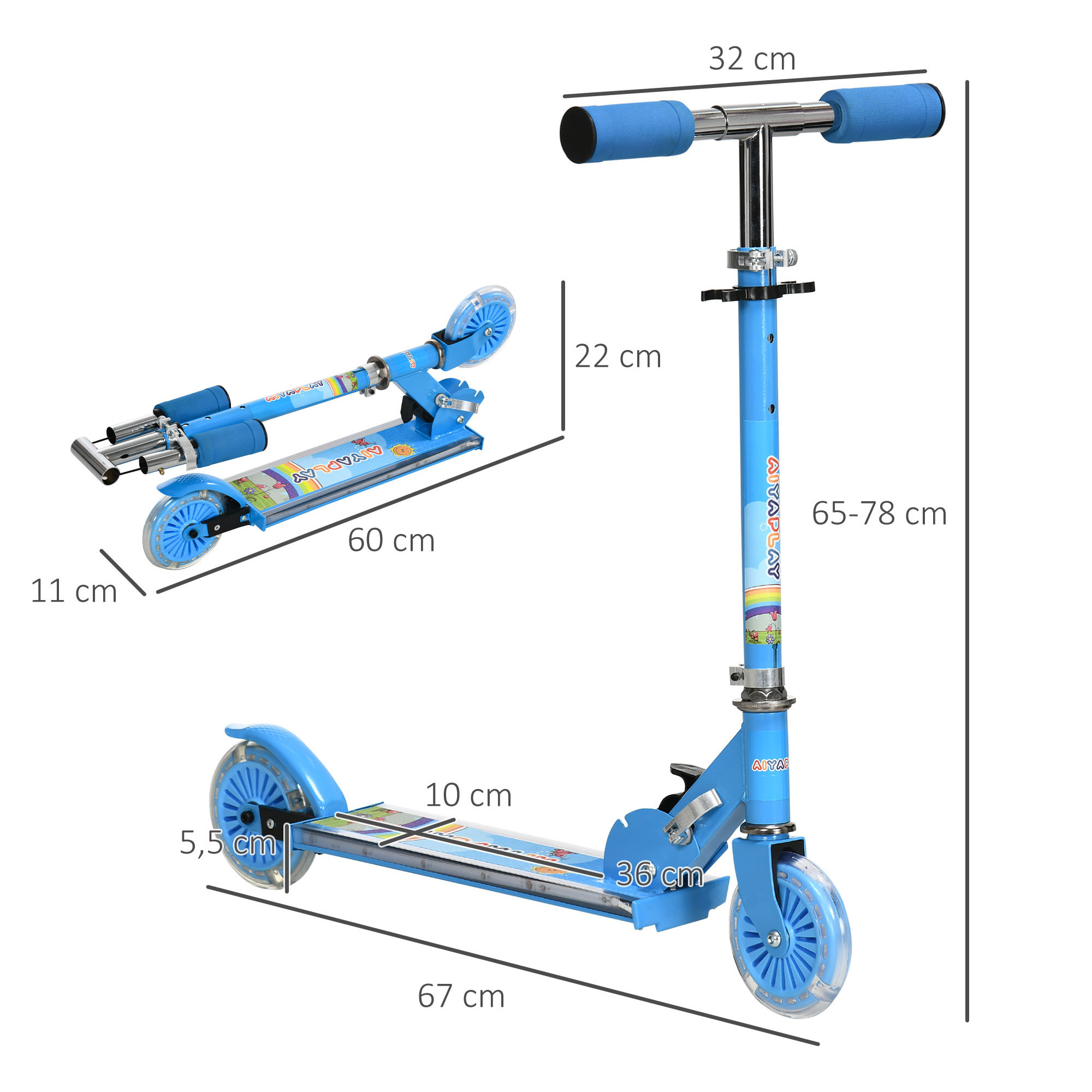 Trottinette pliable enfant à partir de 3 ans roues repose-pied LED frein à friction arrière hauteur guidon réglable 4 niv. métal bleu