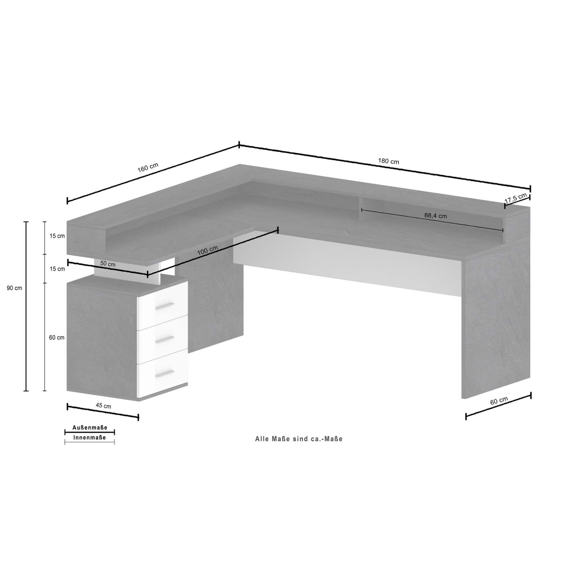 Scrivania Dcerretell, Scrittoio angolare con sopralzo, Scrivania ufficio multiuso, 180x90h160 cm, Bianco