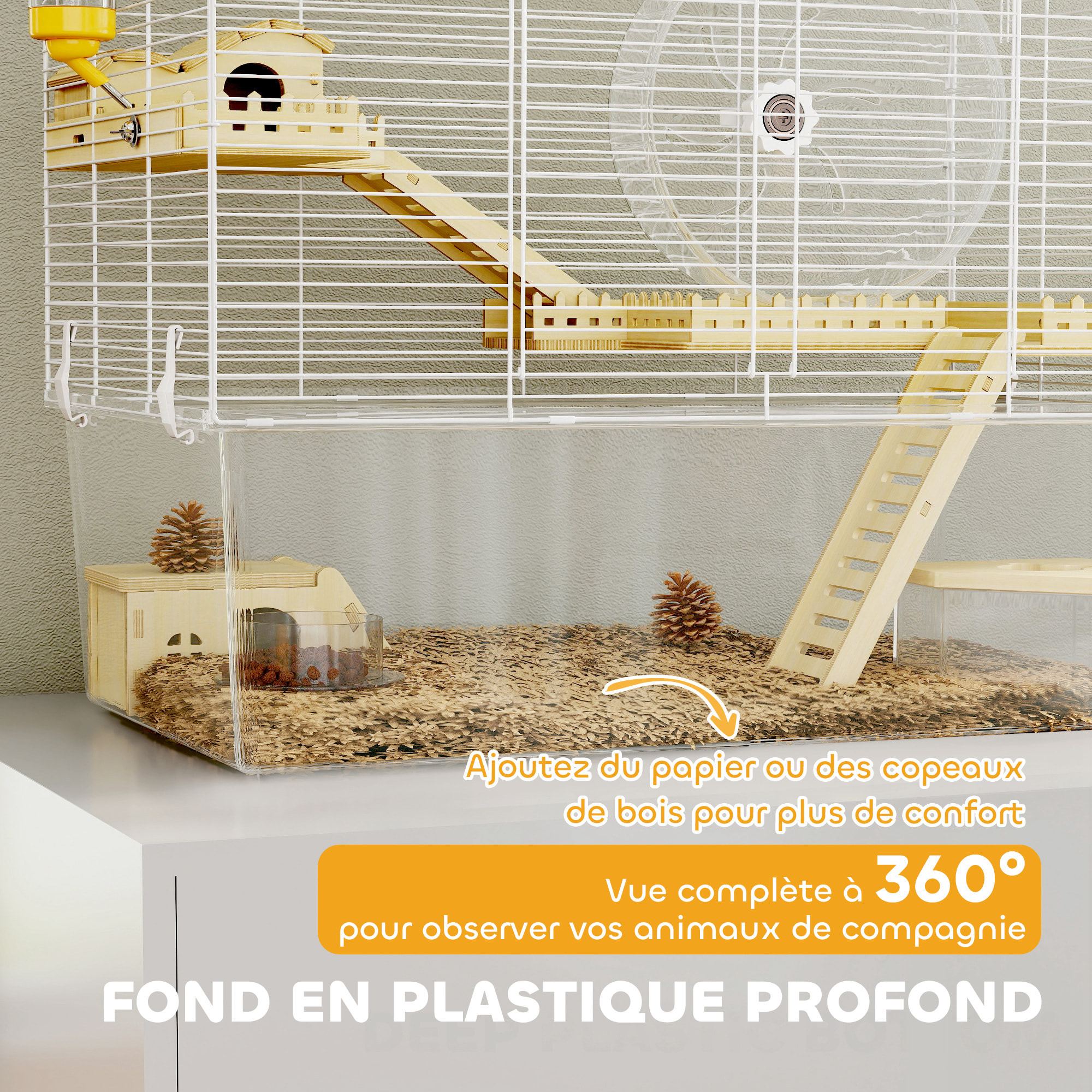 Cage à hamster à 3 niveaux avec roue d'exercice, plateau, 59 x 35,5 x 47 cm, blanc
