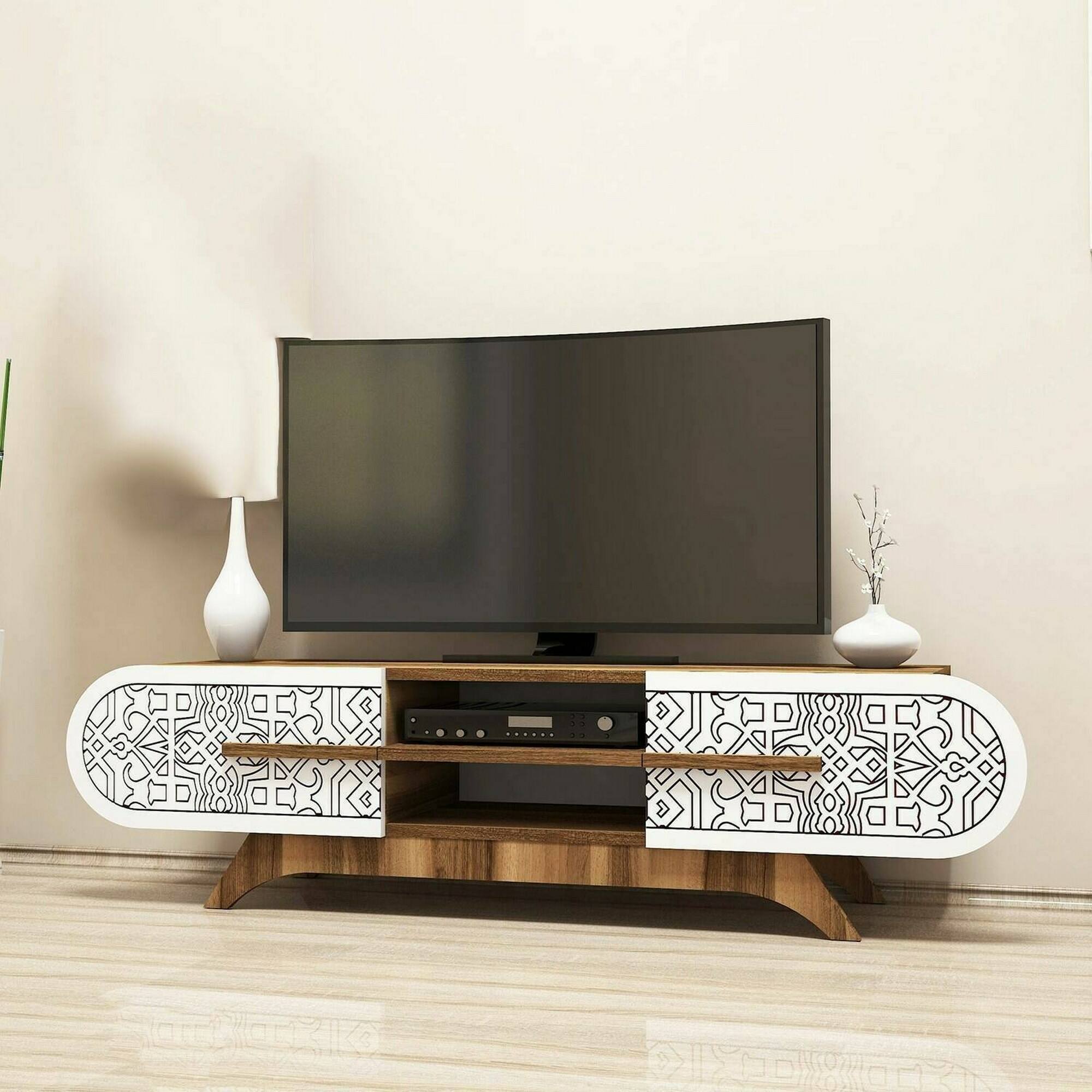 Mobile porta TV Desposit, Credenza da soggiorno, Armadio basso per TV, Base parete attrezzata, 145x37h37 cm, Noce e Bianco