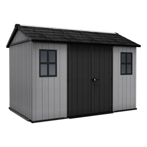 Newton + 7511/1175 - Casetta da Giardino 350x246x230 cm 2 Ante per deposito attrezzi finitura effetto legno Evotech+ in Resina Grigio e Nero