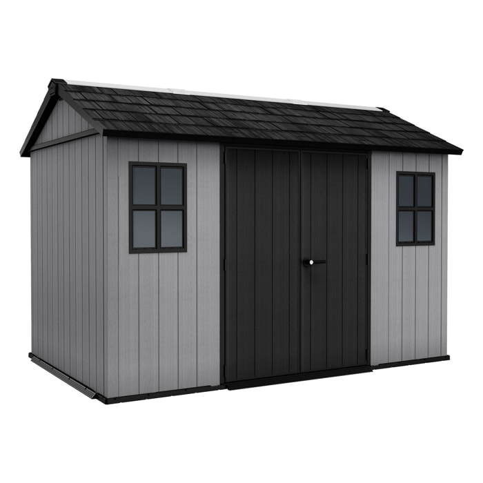 Newton + 7511/1175 - Casetta da Giardino 350x246x230 cm 2 Ante per deposito attrezzi finitura effetto legno Evotech+ in Resina Grigio e Nero