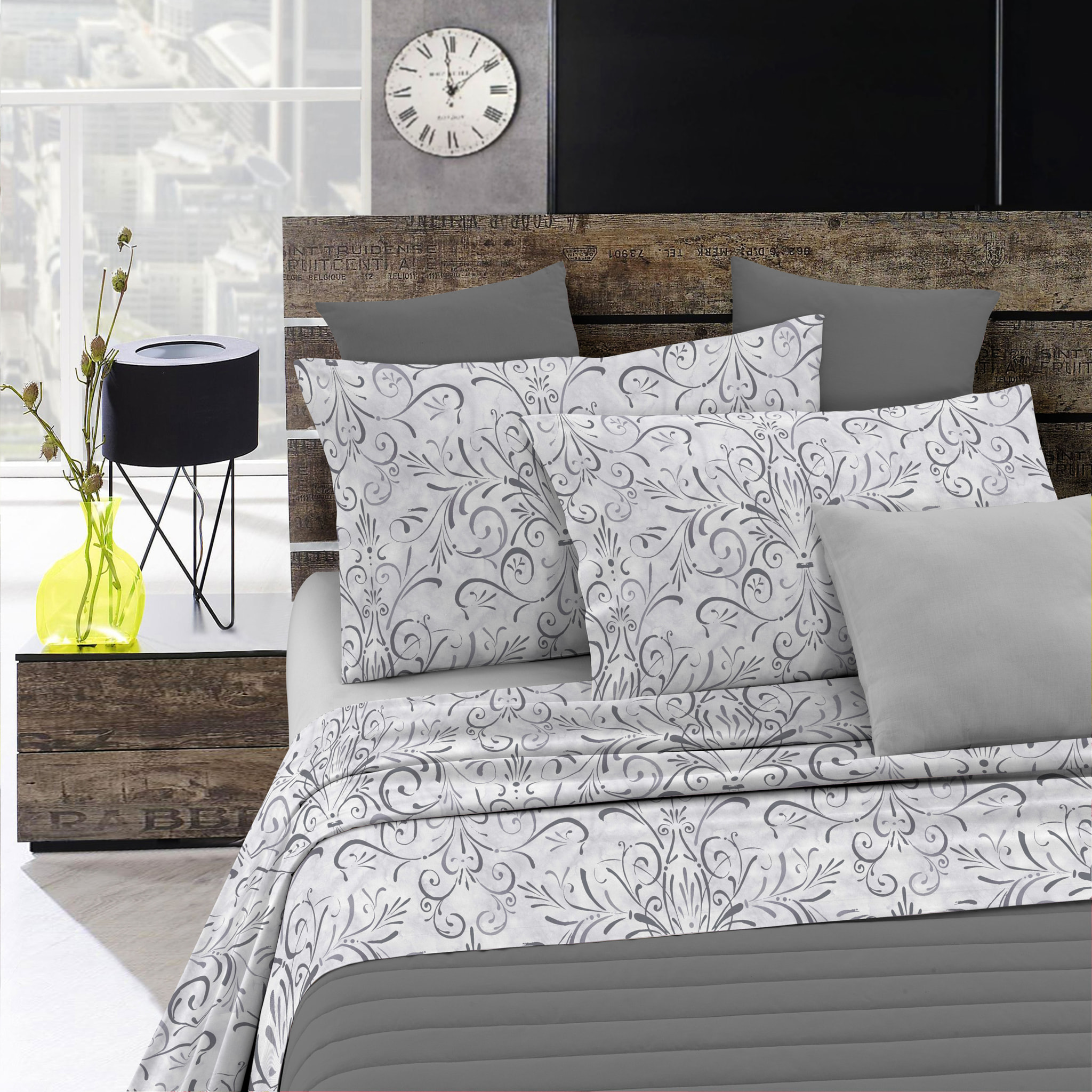 COMPLETO LETTO FANTASY MADE IN ITALY MICROFIBRA-ORNATO GRIGIO PIAZZA E MEZZA