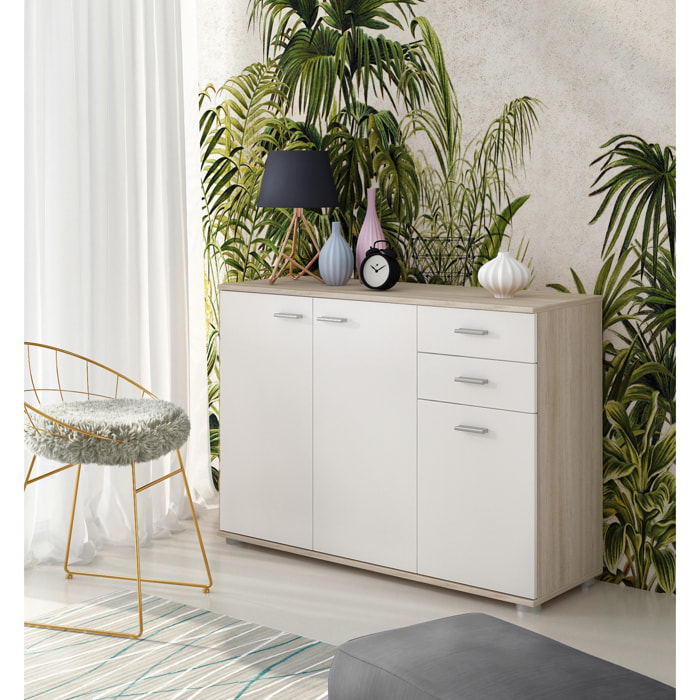 Credenza 3 Ante E 2 Cassetti Credenza Soggiorno Cucina Madia Moderna Multi Spazio Mobile Credenza in Legno Itaca 103 X 70 x 35 Cm Bianco e Rovere