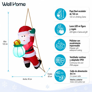 Papá noel hinchable con escalera de cuerda y regalo luminoso, 45x65x122 cm, decoración navideña para exterior e interior con luces led