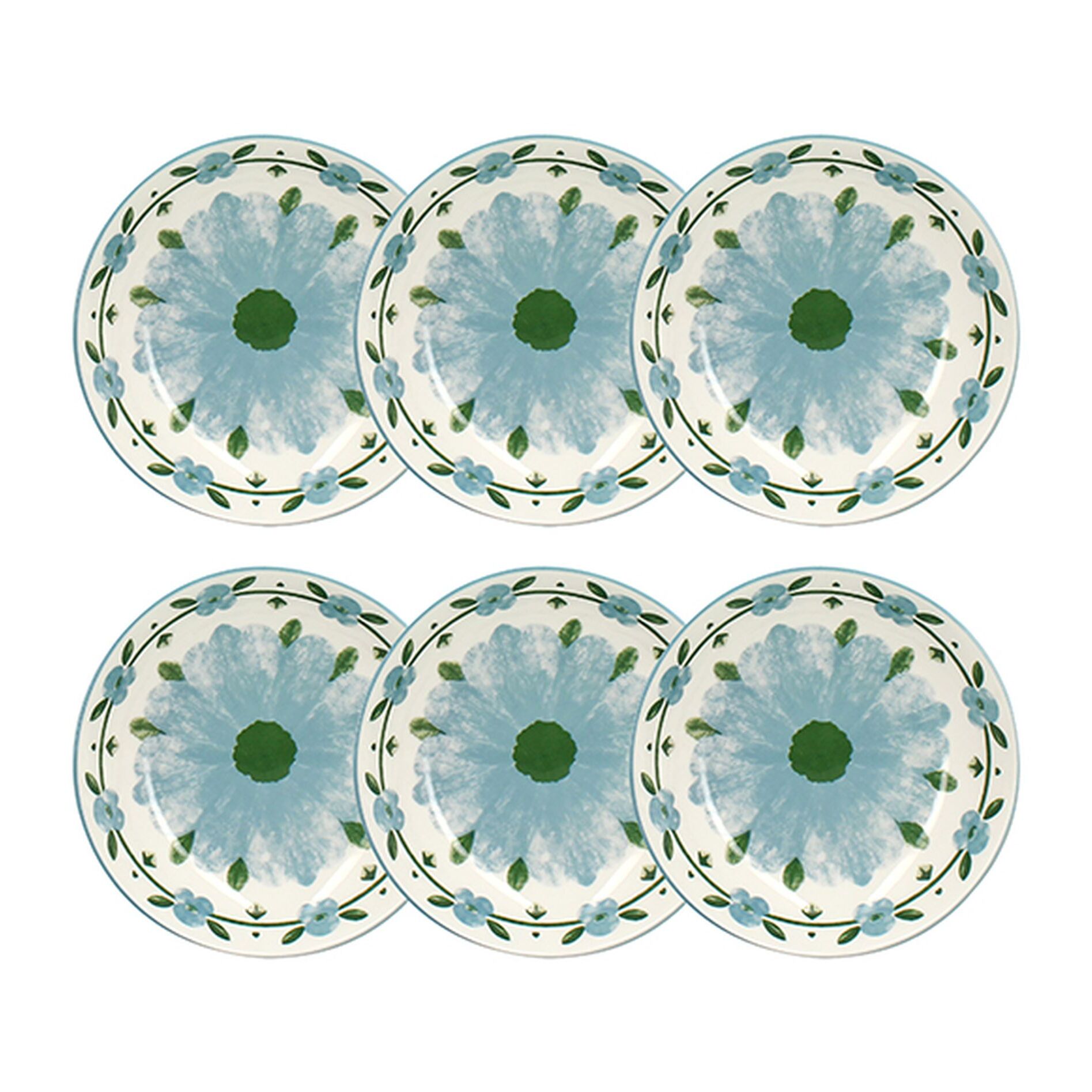Lot de 6 assiettes creuses 20cm en porcelaine blanc et bleu floral PRIMAVERA