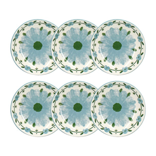 Lot de 6 assiettes creuses 20cm en porcelaine blanc et bleu floral PRIMAVERA