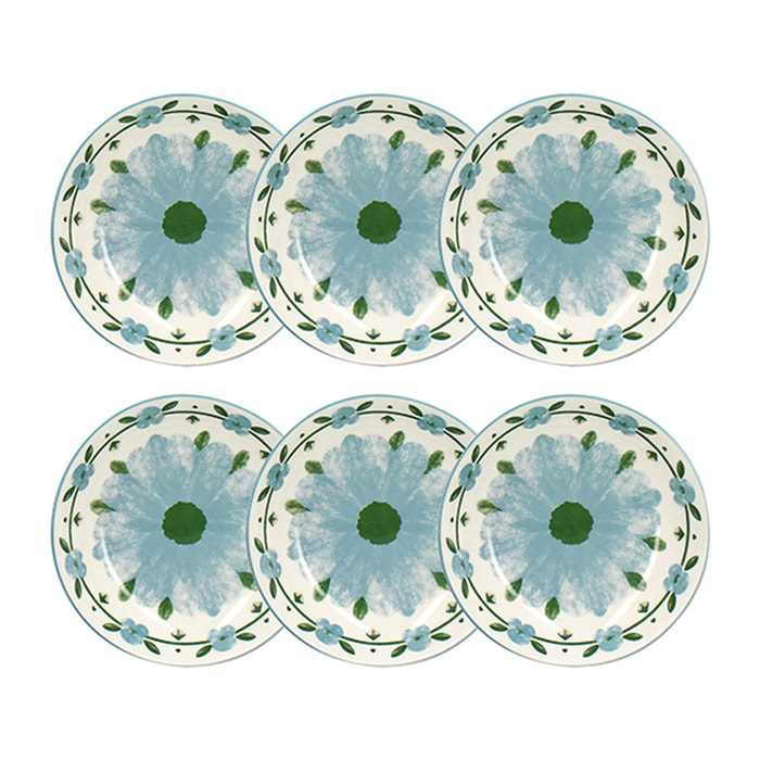 Lot de 6 assiettes creuses 20cm en porcelaine blanc et bleu floral PRIMAVERA