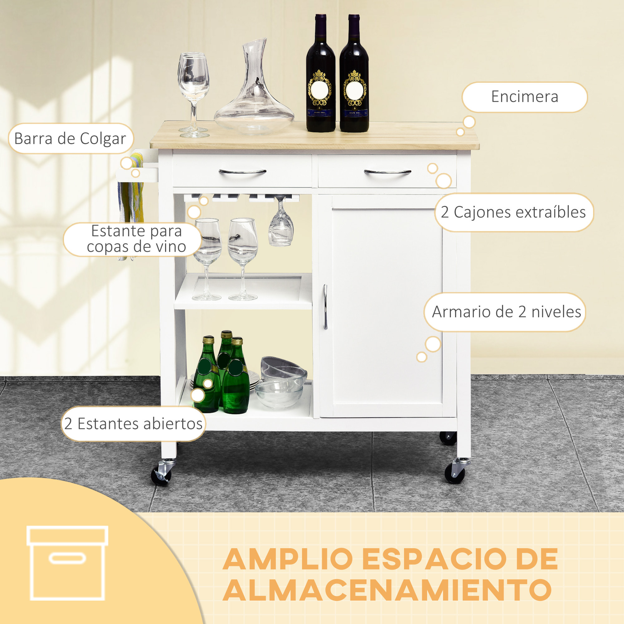 Carro de Cocina Carrito Servir de Madera 88,5x40x86cm Blanco