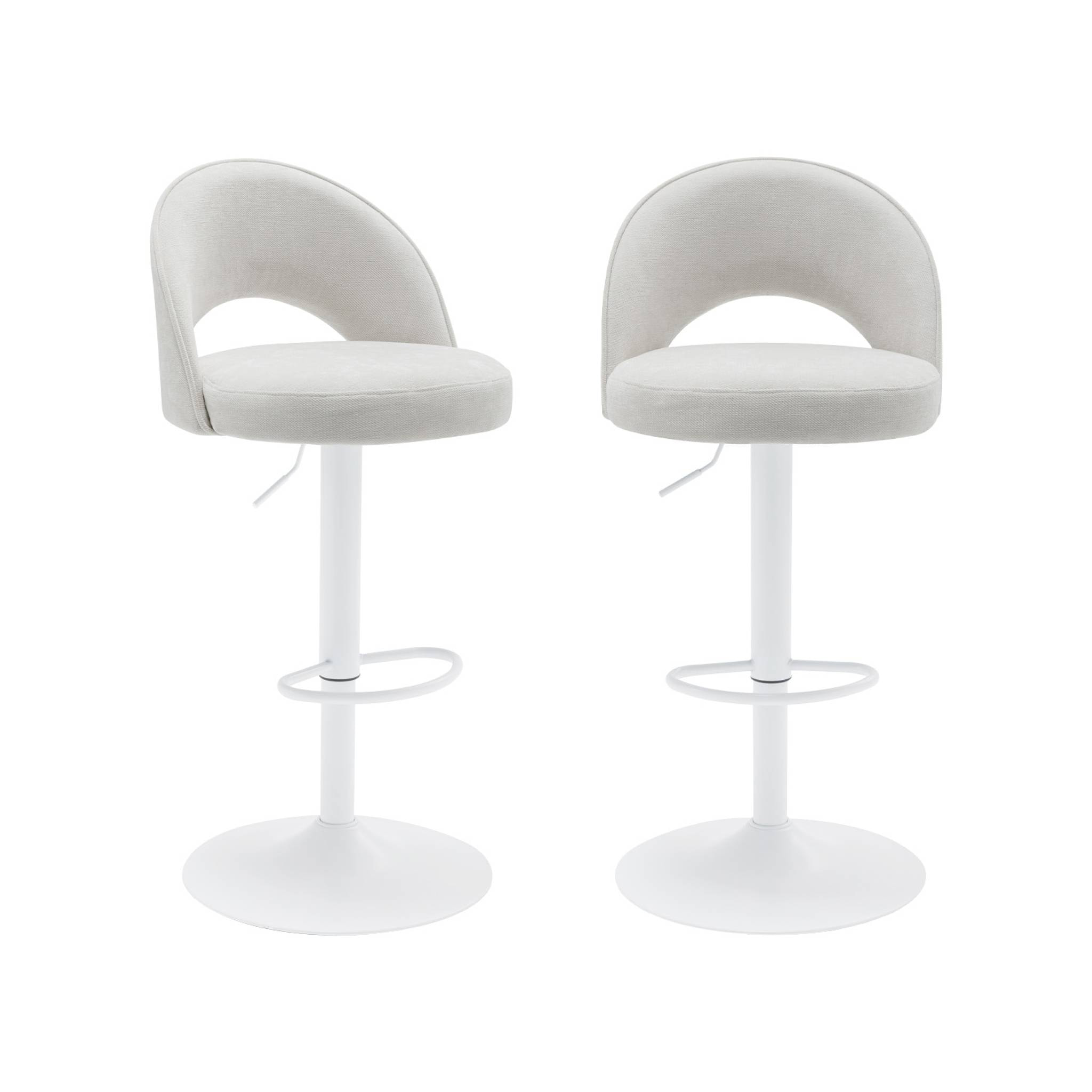 Lot de deux tabourets de bar ajustables métal et tissu blanc cassé. pied blanc - L 49 x P 49 x H 88.5-110cm - Abby