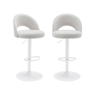 Lot de deux tabourets de bar ajustables métal et tissu blanc cassé. pied blanc - L 49 x P 49 x H 88.5-110cm - Abby