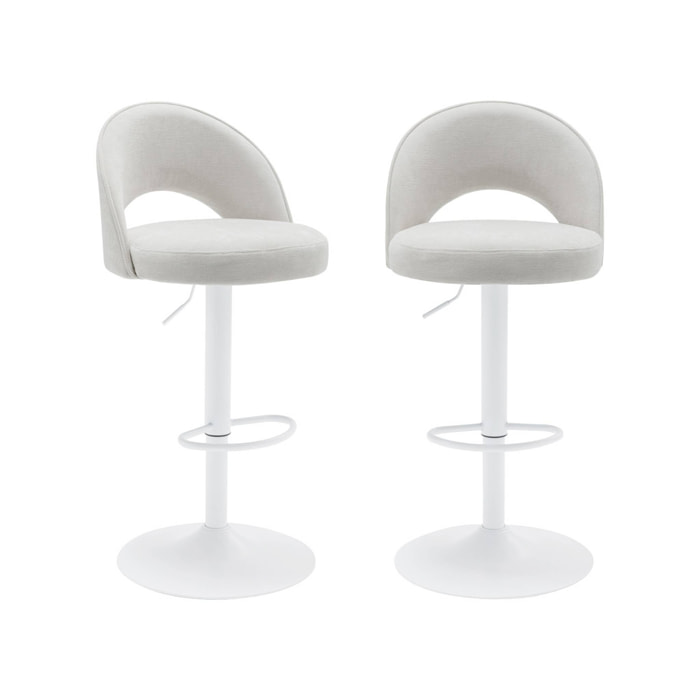 Lot de deux tabourets de bar ajustables métal et tissu blanc cassé. pied blanc - L 49 x P 49 x H 88.5-110cm - Abby