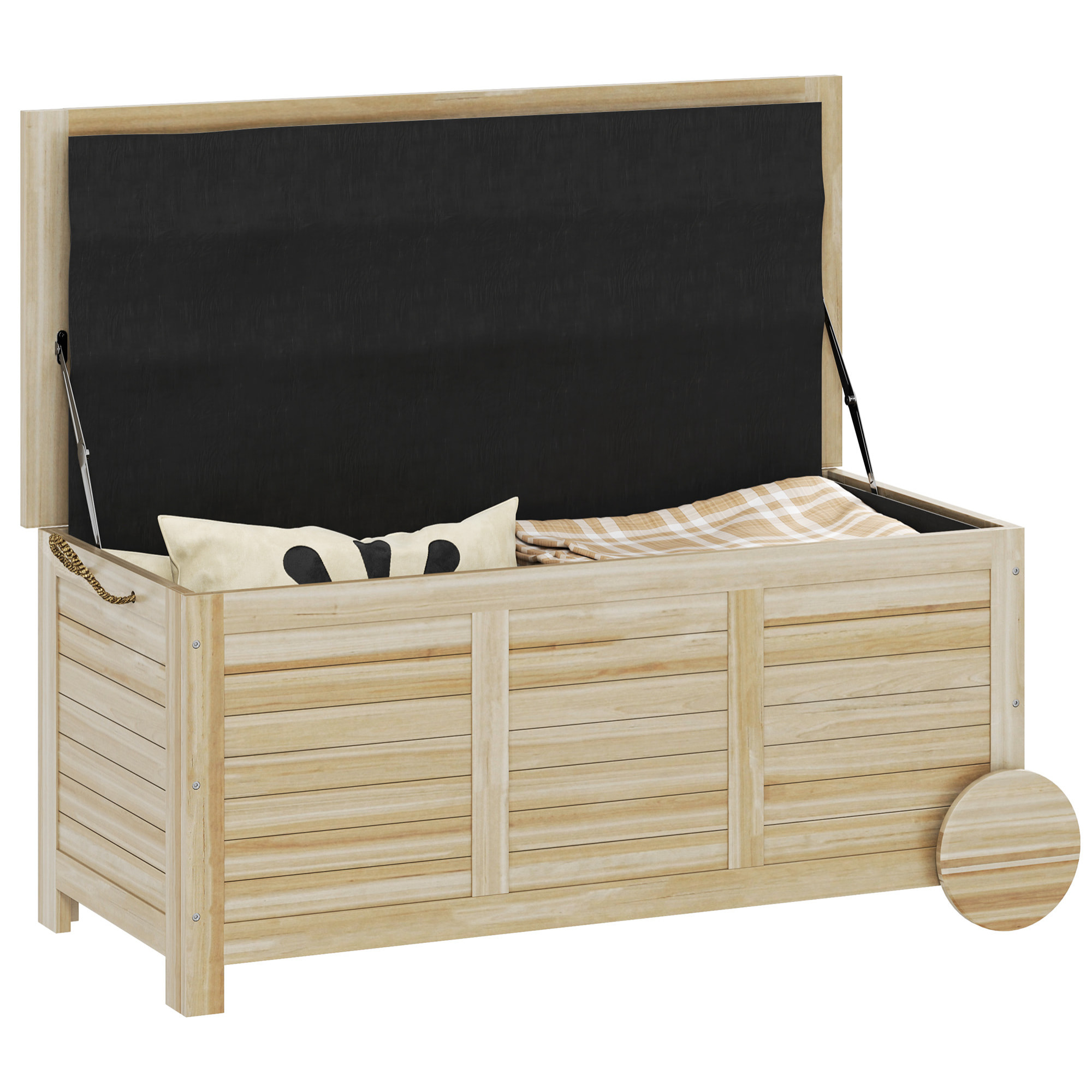 Baúl de Almacenaje Exterior 185L Arcón de Jardín de Madera Impermeable con Tapa Abrible 2 Ruedas Cuerdas de Lino Bisagras Metálicas y Forro Interno 110x50x50 cm Natural