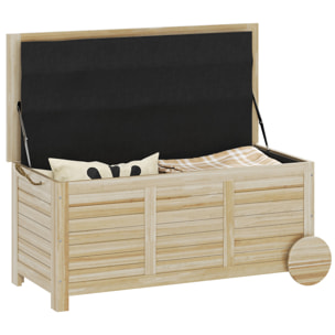 Baúl de Almacenaje Exterior 185L Arcón de Jardín de Madera Impermeable con Tapa Abrible 2 Ruedas Cuerdas de Lino Bisagras Metálicas y Forro Interno 110x50x50 cm Natural