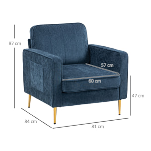 Fauteuil style art déco piètement métal doré tissu bleu