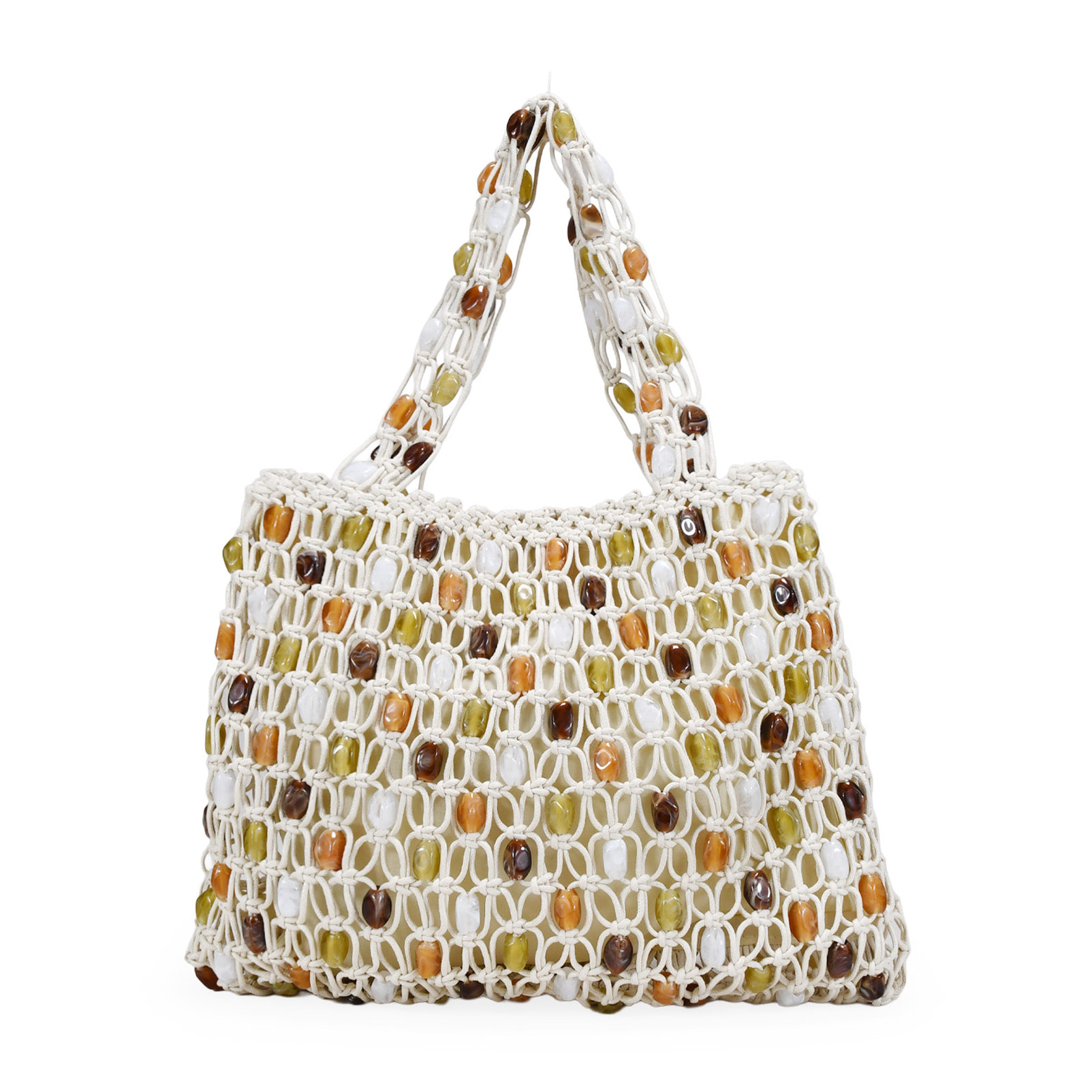 Bolso de hombro beige en macramé con piedras