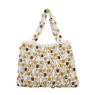 Bolso de hombro beige en macramé con piedras