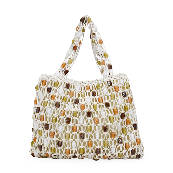 Bolso de hombro beige en macramé con piedras