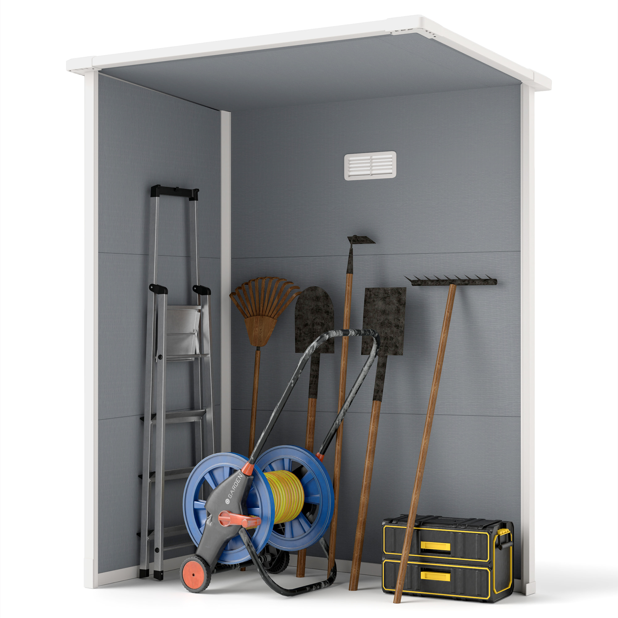 Caseta de Jardín Exterior, 1,14 m², 151x92x193 cm, Cobertizo de Jardín Exterior Metálico con Suelo, Puerta Corredera, Ventana y Techo Inclinado, para Almacenamiento de Herramientas, Gris