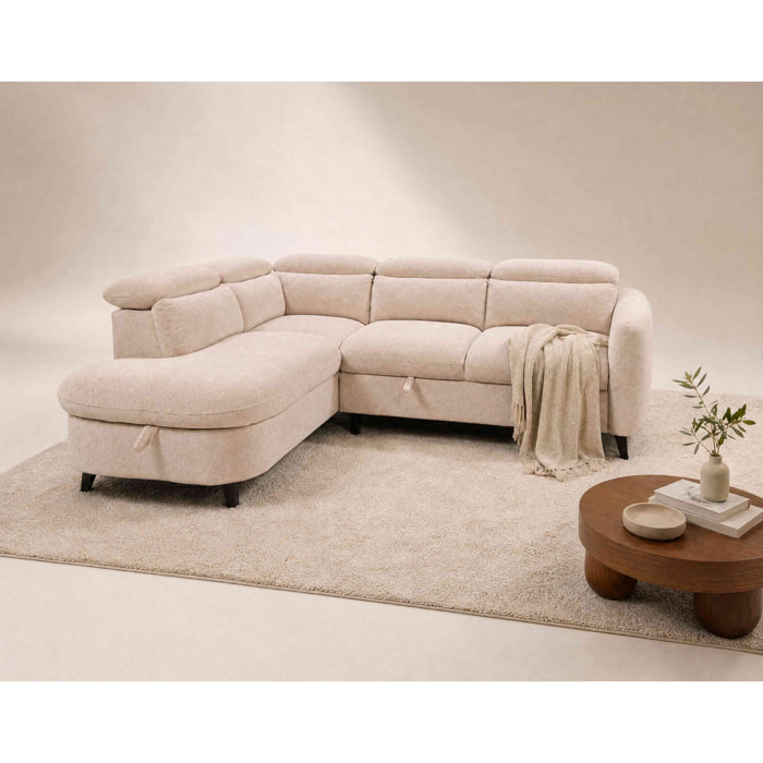 Opaline - Canapé d'angle gauche 5 places convertible avec têtières et coffre en tissu texturé - Beige